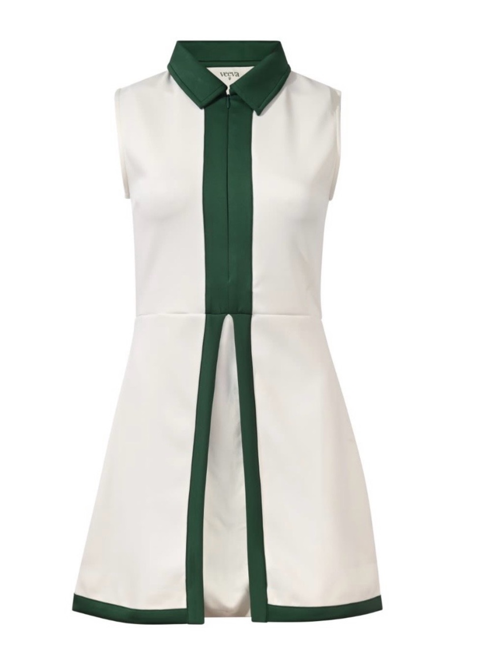 Ivory Mini “Birdie” Dress with Dark Green Contrast Trim